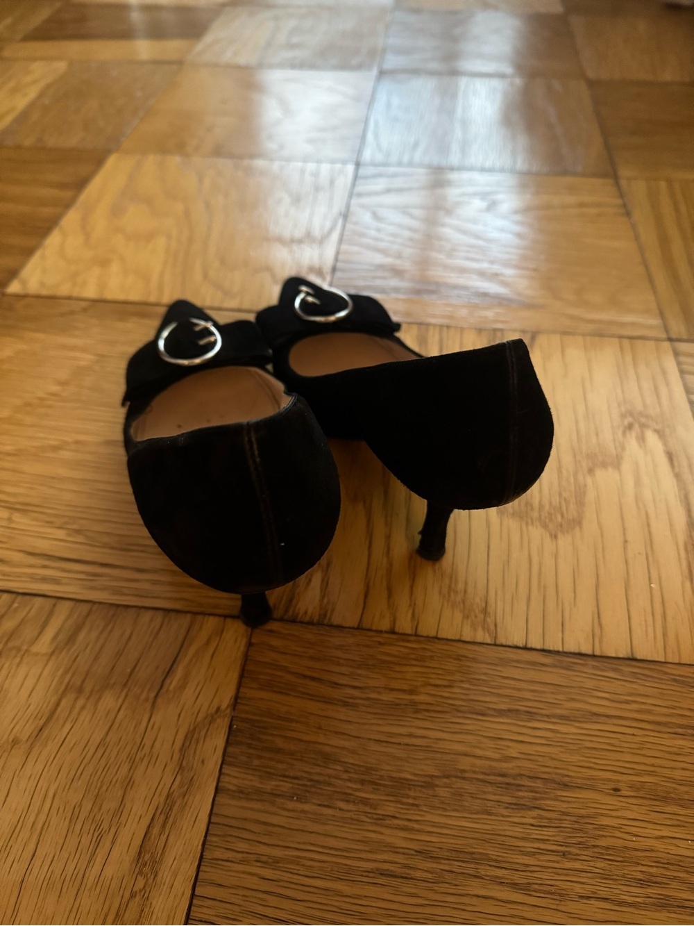 Prada Black Suede Pointed Toe Pumps with Silver Round Buckle - Picture 2 of 4